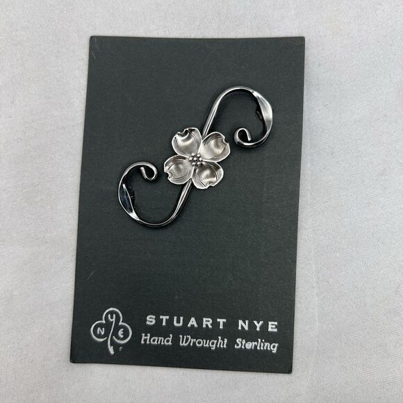 Vintage Dogwood Floral Scroll Bar Pin 925 Sterling Silver Signed NYE - Picture 2 of 10